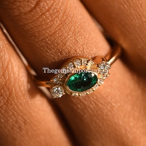 14k Gold Emerald Engagement ring/Diamond Wedding Ring/Oval Cut Solid Gold/Diamond band ring/21st birthday gift for her/Emerald Diamond Ring