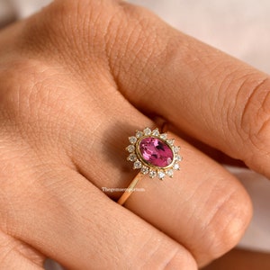 14K solid Gold Turmalin Ring, Halo Diamant Ring, Oval Cut Pink Turmalin Verlobungsring, Jubiläumsgeschenk, Pink Versprechen Ring, Valentinstag Geschenk