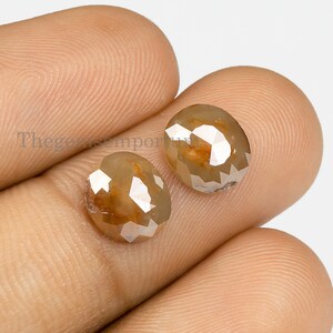 May include: Two brown rough diamonds with a faceted cut. The diamonds are held in a hand.