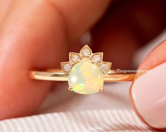 Unique Heart Shape Opal Engagement Ring,Solid 14k Rose Gold Wedding Ring,Diamond Accented,Anniversary Promise Gift,Fine Jewelry,Dainty Ring