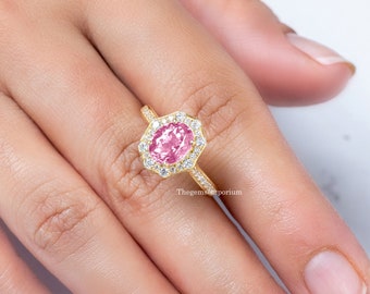 Pink Tourmaline Diamond Halo Ring, 14k Gold Edwardian Art Deco Ring