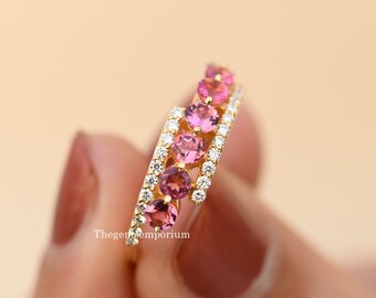 Pink Tourmaline & Diamond 14k Gold Bypass Ring, Half Eternity Band
