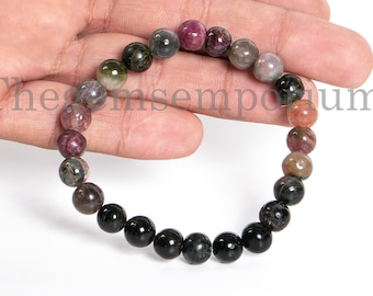 Multi Color Tourmaline Bracelet, Tourmaline Gemstone Bead Elastic Crystal Bracelet, Boho Healing Jewelry Gift