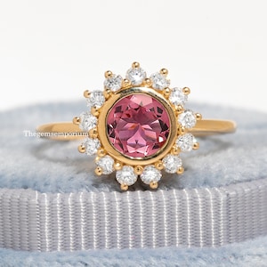 Natural Pink Tourmaline Engagement Ring,Vintage Wedding Ring for Her,Diamond Halo Ring,Statement Jewelry for Bride,14K Solid Gold,Pink Stone