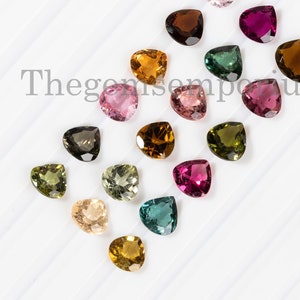 May include: Assortment of 16 heart-shaped gemstones in various colors, including pink, green, brown, and yellow. The gemstones are arranged in a diagonal line on a white surface. Thegemsemporium is printed in black text on the surface.