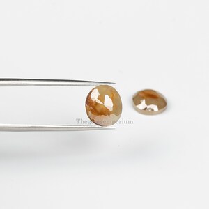 May include: Two round, faceted, brown diamonds. The larger diamond is held by tweezers. The smaller diamond is on a white surface.