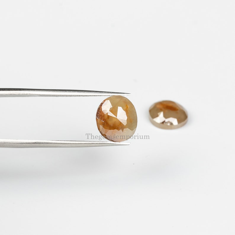May include: Two round, faceted, brown diamonds. The larger diamond is held by tweezers. The smaller diamond is on a white surface.