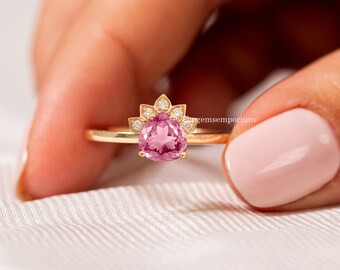 14k Gold Heart Tourmaline Engagement Ring, Half Halo Diamond, Vintage Wedding Ring