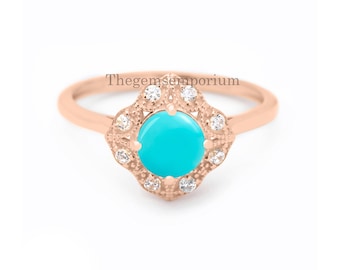 Handgemaakte turkooizen ring, turquoise halo diamanten trouwring, Doornroosje, 14 kt massief goud, rond geslepen turkoois ring, iets blauws voor bruid