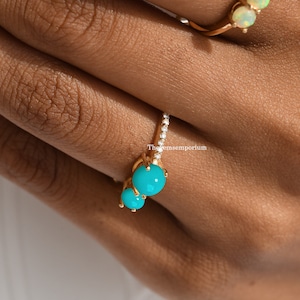 Natural Turquoise Engagement Ring,Two Stone Ring,Half Eternity Diamond Ring,14k Gold Boho Jewelry,Round Turquoise Ring,Handmade Ring for Her