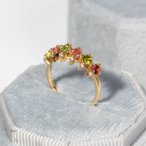 Alternative Tourmaline Diamond Ring,Natural Multi Tourmaline Wedding Band,Half Eternity Engagement Ring,Unique Bridal Promise Gift,14k Gold
