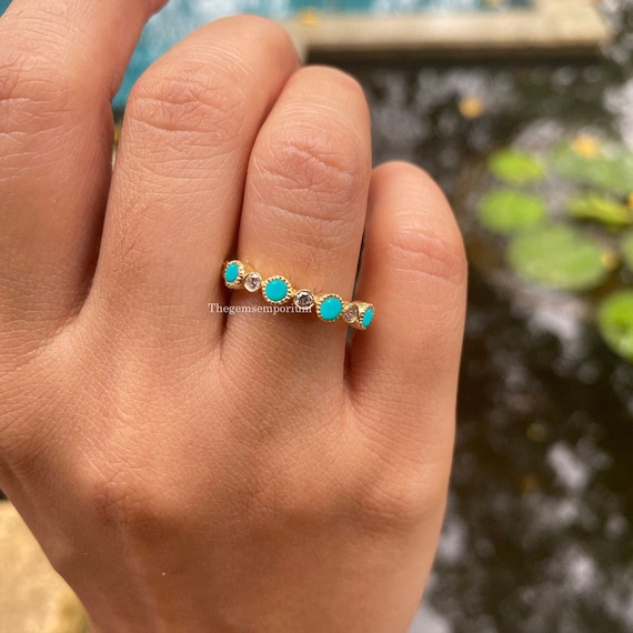 Turquoise Diamond Eternity Ring sleeping Beauty Turquoise Band half Eternity Women Band 14k Solid Gold wedding Turquoise Band girl Thin Ring Etsy Canada