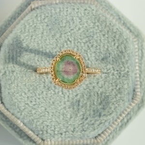 Natural Watermelon Tourmaline Ring,Unique Diamond Halo Engagement Ring,Solid Gold 14k Wedding Ring,Bridal Promise Anniversary Gift for Her