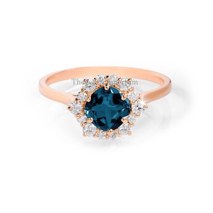 Natürliche London Blauer Topas Ring, Kissenschliff Verlobungsring, 14 k Massivgold, Topas & Halo Diamant Ring, Art-Deco-Schmuck, blauer Ehering, Frauen