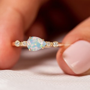 Natural Opal Diamond Promise Ring,East West Engagement Ring,Minimalist Gold Ring,14K Solid Gold Opal Jewelry,Pear Cut Opal Ring for Women
