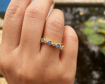 Blue Sapphire Diamond Eternity Band,14k Solid Gold,Half Eternity Wedding Band,Layering Ring,Natural Sapphire Bridal Ring,Blue Gemstone Band