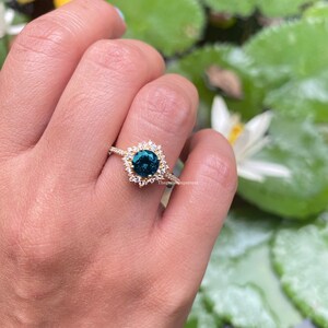 14K Solid Gold Blue Topaz Engagement Ring,Halo Diamond,Wedding Promise Ring for Bride,Birthstone Jewelry,Something Blue,Anniversary Gift