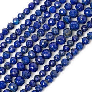 Perle rotonde sfaccettate di lapislazzuli naturali, filo di perle sfuse forate al centro, lapislazzuli rotonde per la creazione di collane, fornitore di perle all&#39;ingrosso