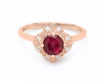 Beautiful Ruby Engagement Ring,round Cut Ruby,halo Diamond Ring - Main Image