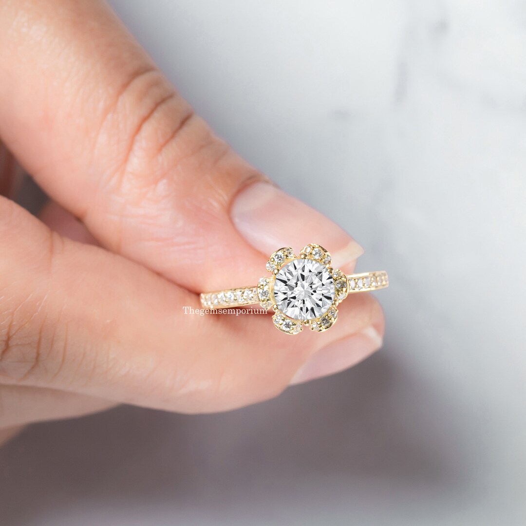 18K Solid Gold Round Cut Halo Engagement Ring,lab Grown Man Made ...