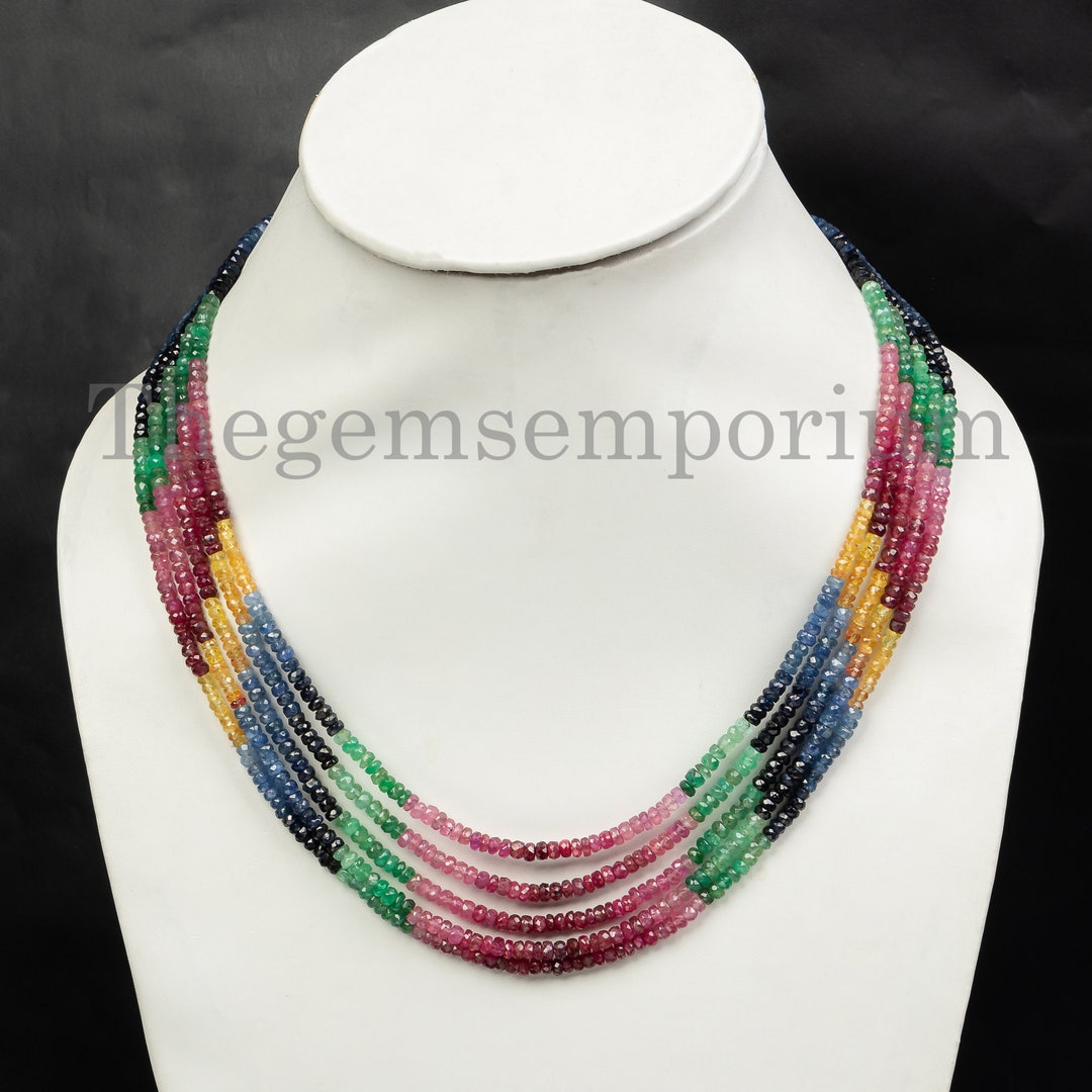 Multi Sapphire Necklace, 3-4mm Ruby Sapphire Emerald Necklace, Precious ...