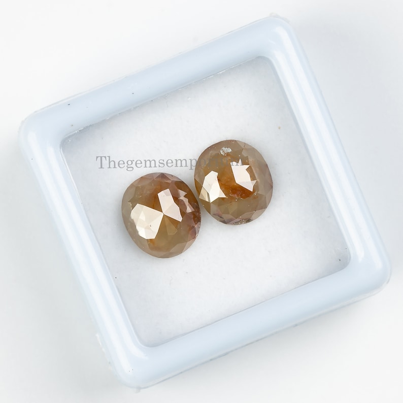 May include: Two brown, faceted, round diamonds in a white box. Thegemsemp is printed on the box.