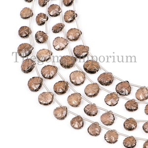 Natural Smoky Quartz Flower Carving Beads, Flower Carving Heart Shape Beads, Hand Carved Quartz Beads, Loose Carving Beads, Quartz Beads