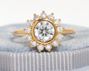1.35Ct Lab Created Diamond Ring,18K Solid Gold Round Cut Halo Engagement Ring,Beautiful Wedding Anniversary Ring,Bridal Promise Ring for Her