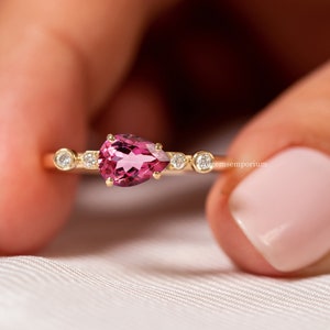 Minimalist Pink Tourmaline Ring,Tourmaline Diamond Engagement Ring,14K Yellow Gold Promise Ring,East West Ring,Teardrop Pink Tourmaline,Gift