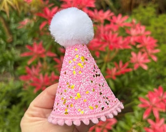 Personalised Pink and Gold Shimmer Dog and Cat Birthday Hat: Custom Age Option