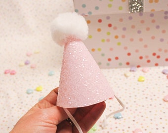 Dog Party Hat, Dog Birthday Hat, Chunky Ice Glitter, Baby Pink with White Pom