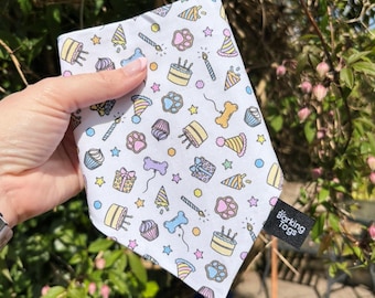 Birthday Paw Prints & Treats White Dog Bandana: Easy Slip Over the Collar