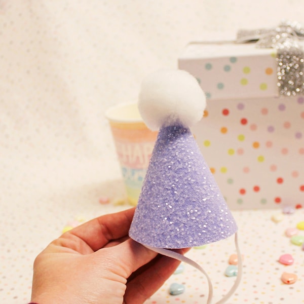 Dog Party Hat, Dog Birthday Hat, Chunky Ice Glitter, Lilac with White Pom