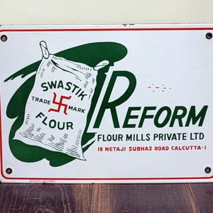 Vintage Memoria Original Reform Swastik Flour Porcelain Enamel Sign Board Antique Rare Collectible Enamel Advertising.