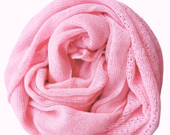 Hand Knitted Natural Linen Shawl, Women's Blanket Wrap, Cosy Soft Pastel scarf, Pink gift