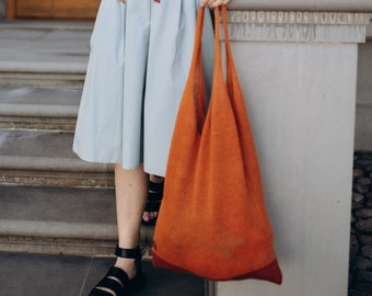 Linen Tote Bag in Orange, Market Tote, Shoulder Bag for Summer, Beach Bag, Crochet Vintage Linen Yarns Bag, Big Shopping Bag