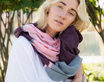 Natural linen scarf for woman, Boho style hand knitted shawl, Long linen scarves, Eco linen accessories, Pure kint linen shawl