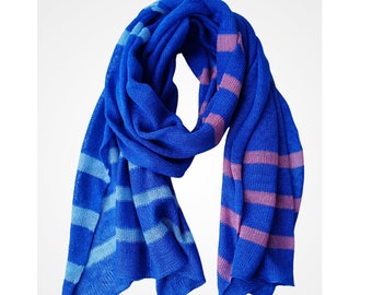 Pure Linen Scarf, Royal Blue Natural Shawl With Colored Stripes, Versatile Accessory