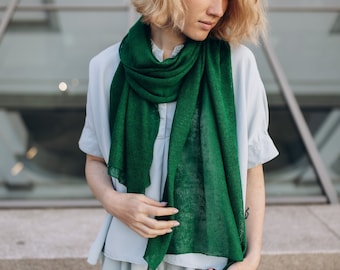 Emerald Green Scarf, Natural Linen Shawl, Summer Knit Oversize Scarve, Birthday Gift, Sustainable Accessory