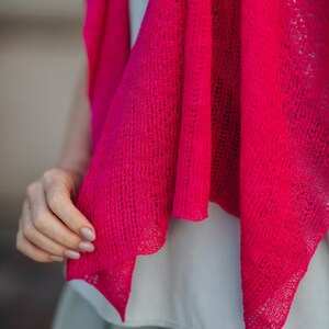 Linen Summer Shawl in Fuchsia, Lace Knit Scarf, Boho Style Accessories, 100% European Linen Scarf, Eco Wrap Linen Shawl, Hand Knit Scarf image 10