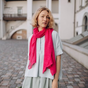 Linen Summer Shawl in Fuchsia, Lace Knit Scarf, Boho Style Accessories, 100% European Linen Scarf, Eco Wrap Linen Shawl, Hand Knit Scarf image 7