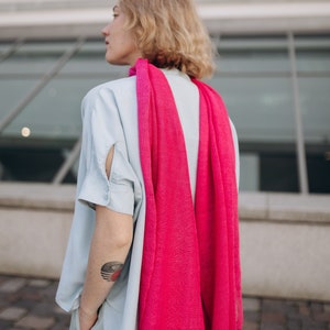 Linen Summer Shawl in Fuchsia, Lace Knit Scarf, Boho Style Accessories, 100% European Linen Scarf, Eco Wrap Linen Shawl, Hand Knit Scarf image 1