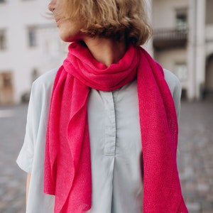 Linen Summer Shawl in Fuchsia, Lace Knit Scarf, Boho Style Accessories, 100% European Linen Scarf, Eco Wrap Linen Shawl, Hand Knit Scarf image 9