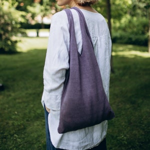 Lavender Linen Tote Bag, Linen Market Bag Hand Bag for Summer, Linen Beach Bag, Zero Waste Shopping Tote Bag, Hand Knit Unisex Bag image 3