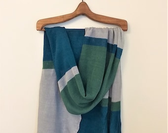 Pure linen scarf, Unisex natural linen accessories, Hand knit linen shawl, Blue summer scarf