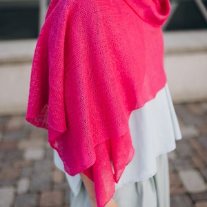 Linen Summer Shawl in Fuchsia, Lace Knit Scarf, Boho Style Accessories, 100% European Linen Scarf, Eco Wrap Linen Shawl, Hand Knit Scarf image 5