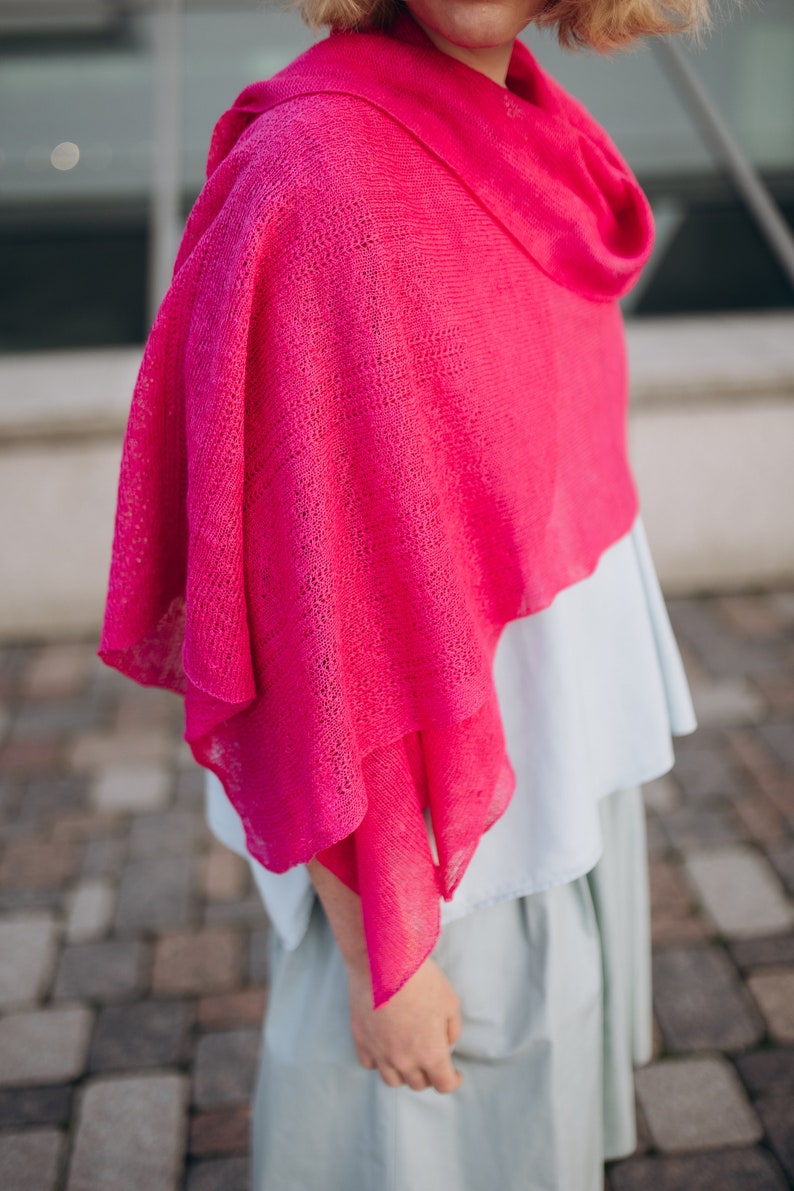 Linen Summer Shawl in Fuchsia, Lace Knit Scarf, Boho Style Accessories, 100% European Linen Scarf, Eco Wrap Linen Shawl, Hand Knit Scarf image 5