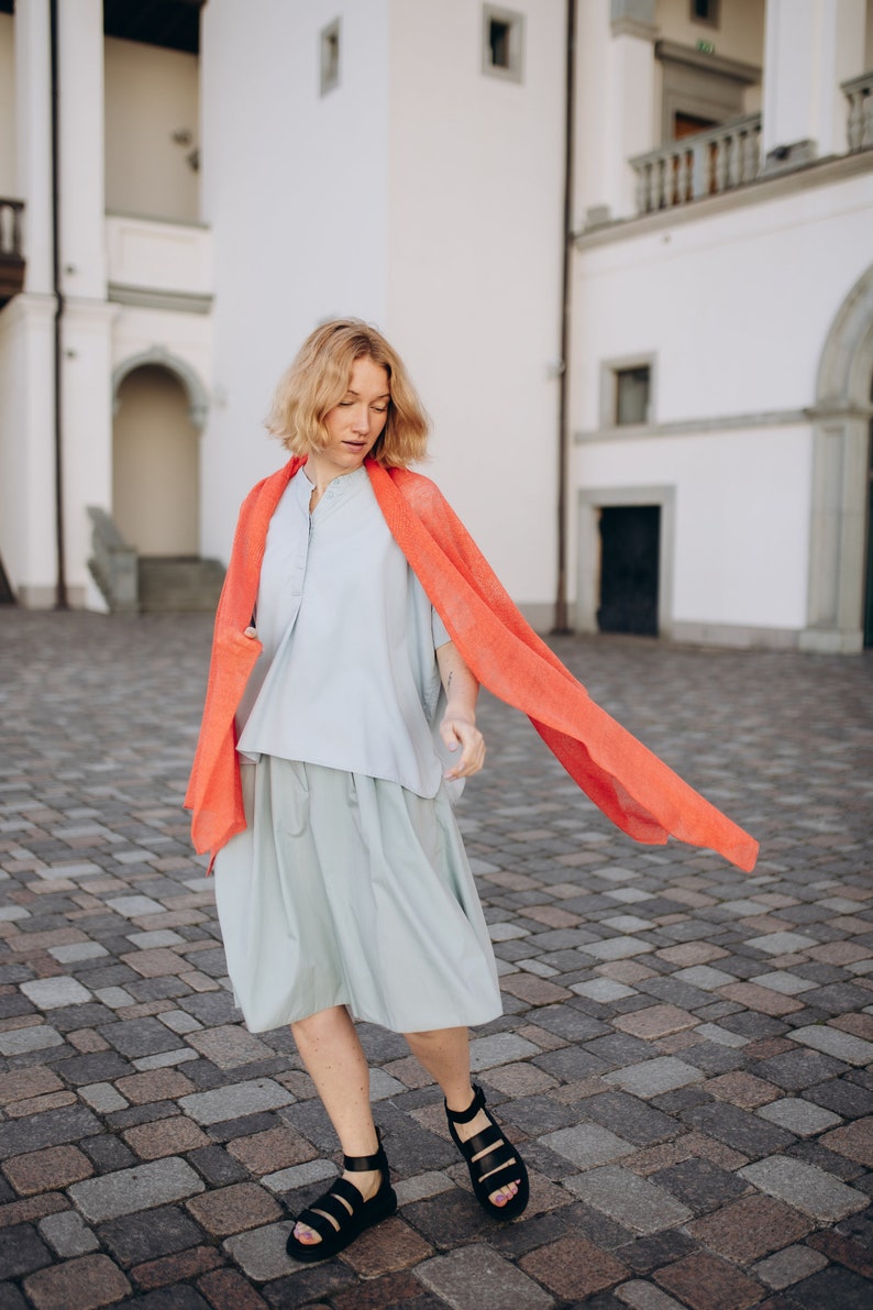 Linen Scarf Women, Linen Coral Shawl, Lightweight Accessories, Sustainable Clothing, Knitted Women Shawl, Linen Shawl Wrap image 6