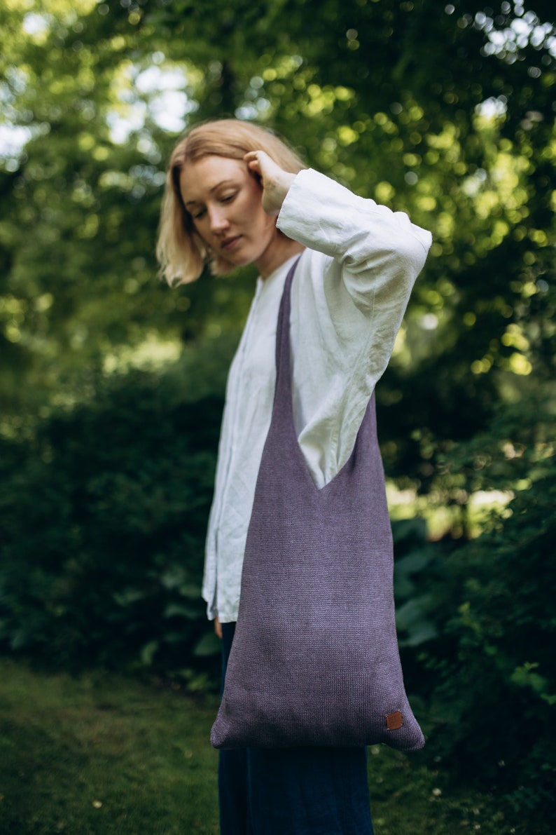 Lavender Linen Tote Bag, Linen Market Bag Hand Bag for Summer, Linen Beach Bag, Zero Waste Shopping Tote Bag, Hand Knit Unisex Bag image 4