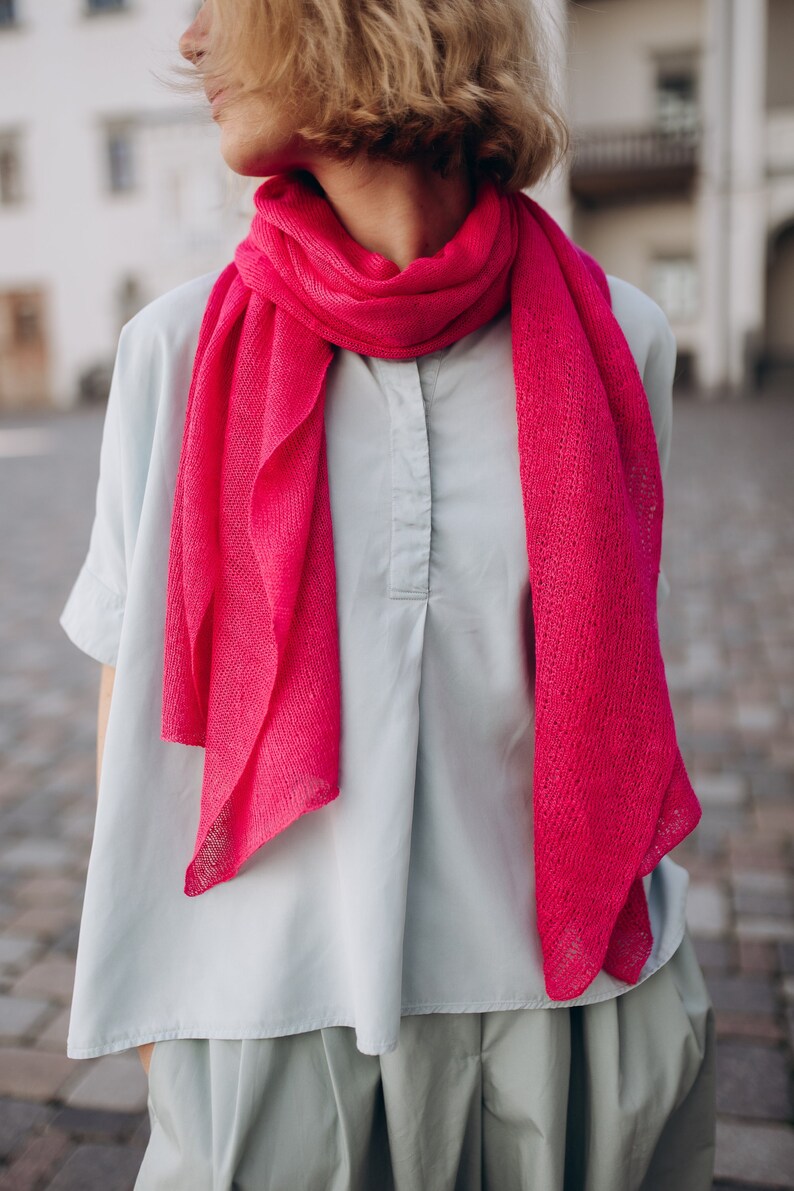 Linen Summer Shawl in Fuchsia, Lace Knit Scarf, Boho Style Accessories, 100% European Linen Scarf, Eco Wrap Linen Shawl, Hand Knit Scarf image 9